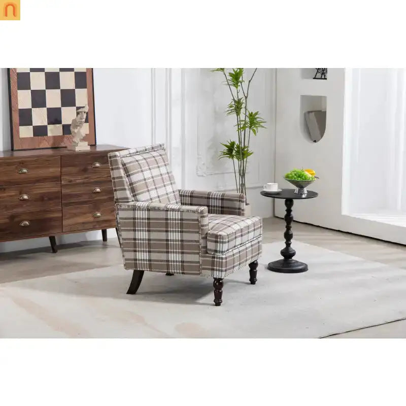 Accent Chair Vintage Linen Striped Nailhead Trim Wood Legs