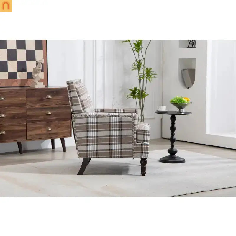 Accent Chair Vintage Linen Striped Nailhead Trim Wood Legs