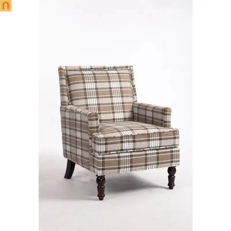 Accent Chair Vintage Linen Striped Nailhead Trim Wood Legs
