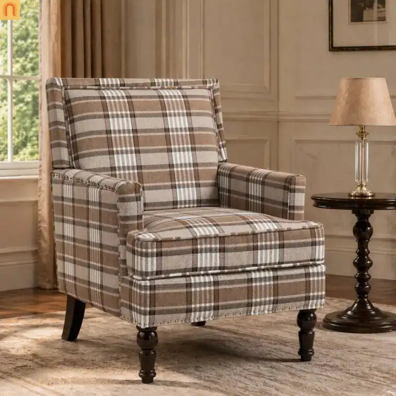 Accent Chair Vintage Linen Striped Nailhead Trim Wood Legs