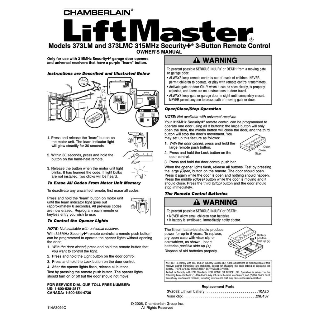 Substitute for AccessMaster 373AC 3-Button Vizor 315 MHz Garage Door Opener Remote Control [373LM]