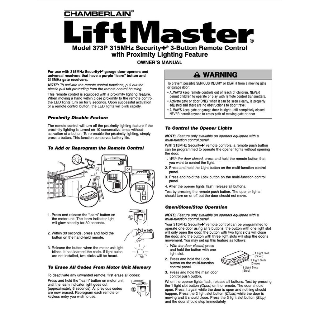 Substitute for AccessMaster 373P Premium 3-Button Vizor 315 MHz Garage Door Opener Remote Control [373LM]