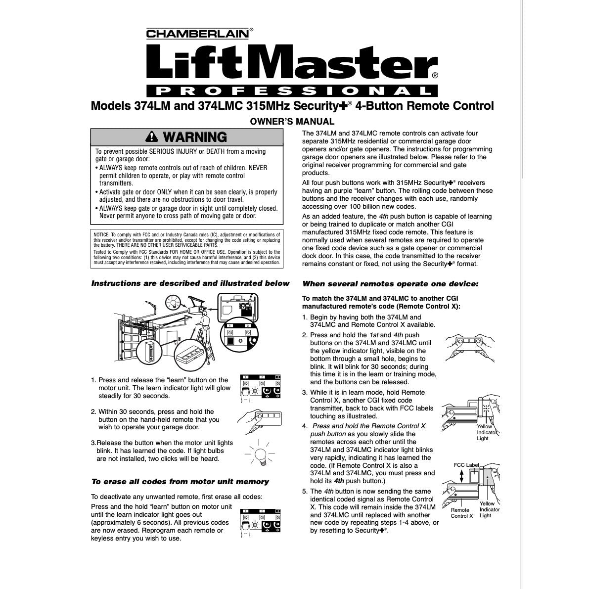 Substitute for AccessMaster 374LM 4 Button Vizor 315mhz Garage Door Opener Remote Control [893MAX]