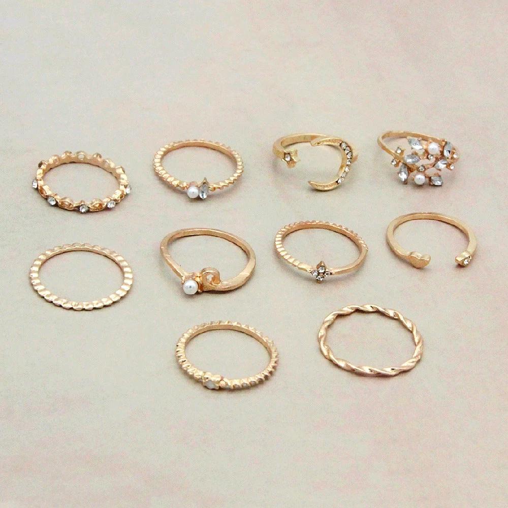 Mandotos Bohemian Star Moon Pearl Leaf 10-Piece Ring Set With Gold Finish And Stackable Designs