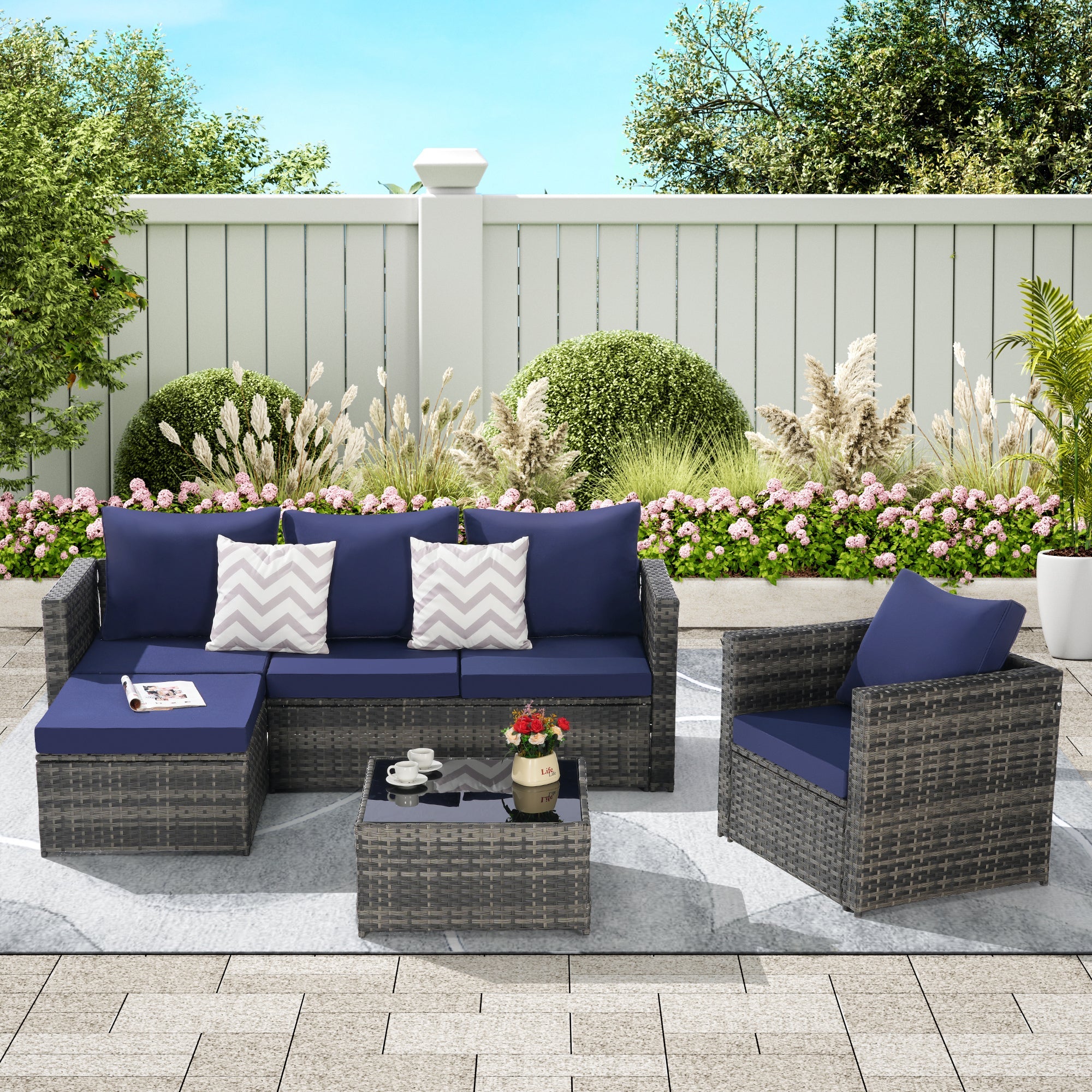 Outdoor Sectional Set PE Rattan Steel Dark Blue 4 Piece Seats 6 380 LB