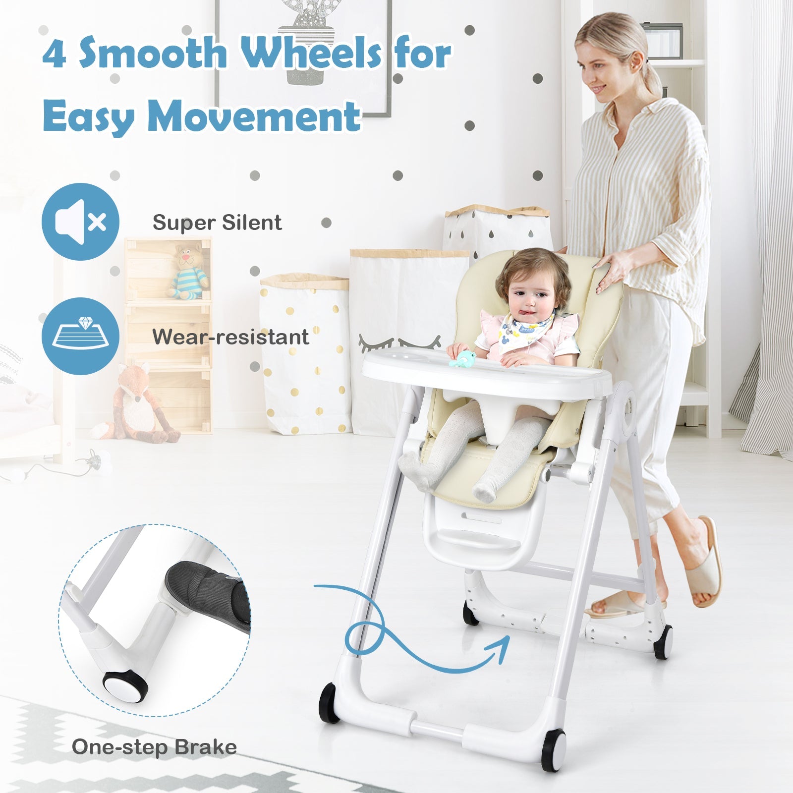 Baby Folding Convertible High Chair with Wheels and Adjustable Height