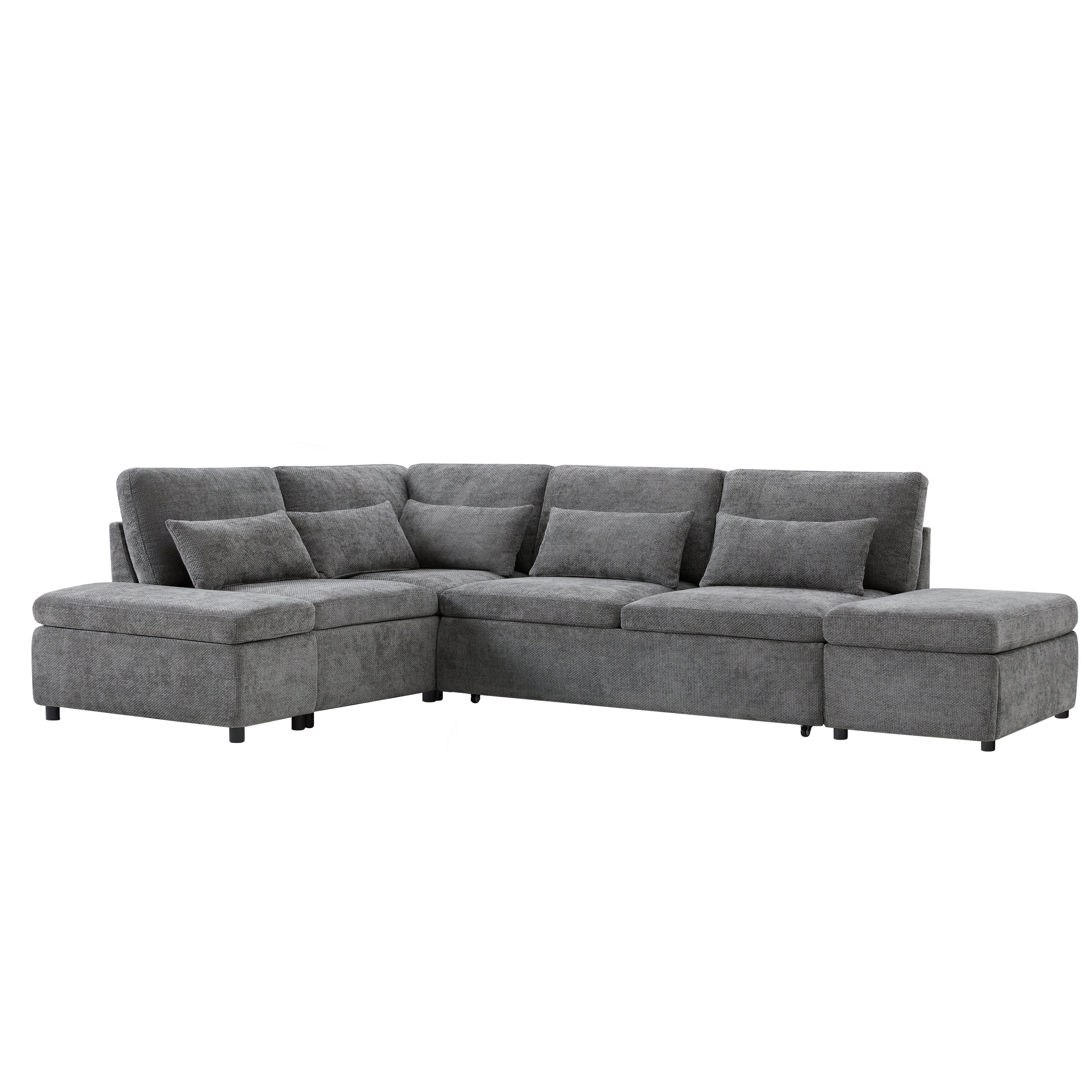 Sofa Bed L-Shape Chenille Gray 6 Seat Pull-Out USB Ports 107 In