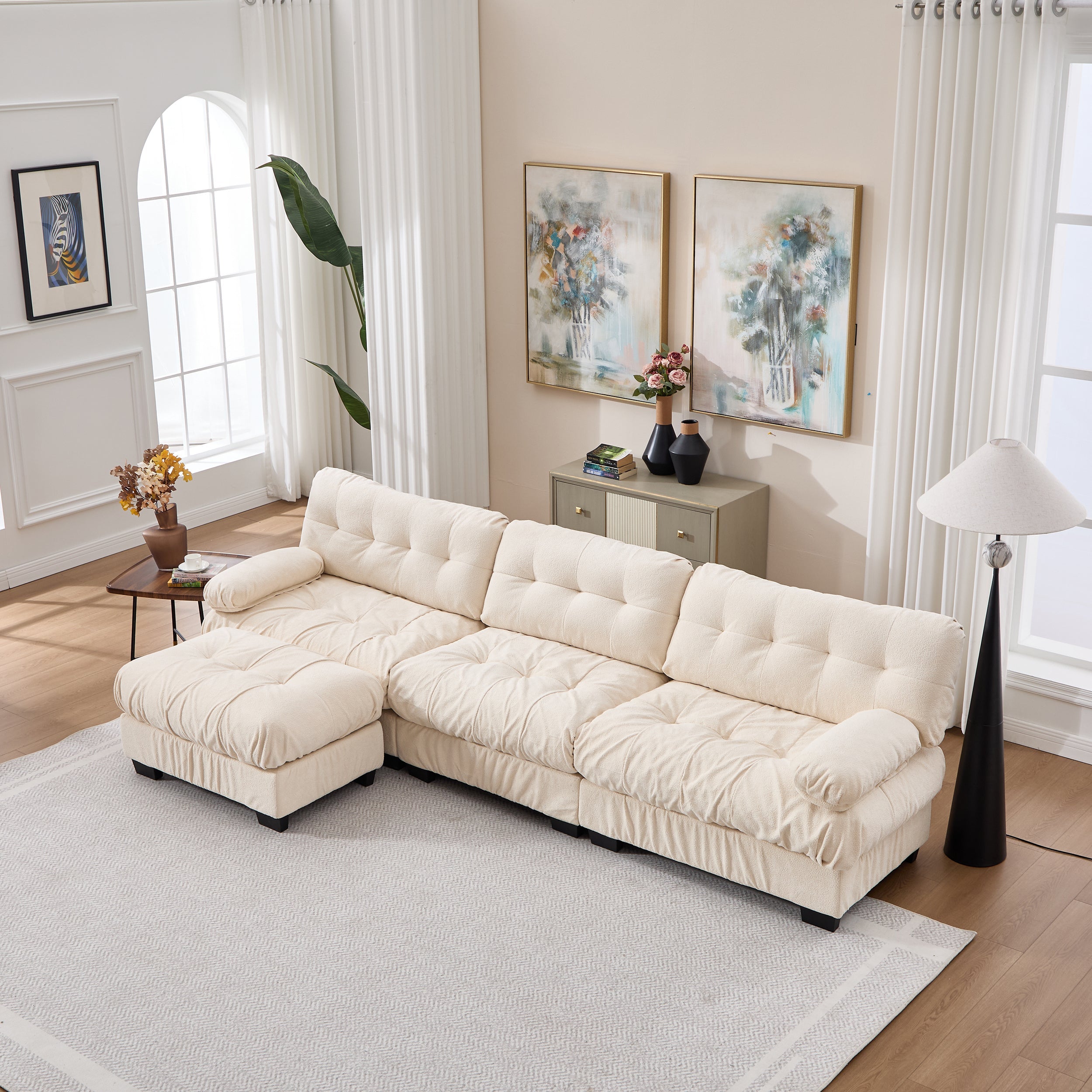 Sectional Sofa L-Shape Flannelette Beige 4 Seat Ottoman 123 In Deep Seat