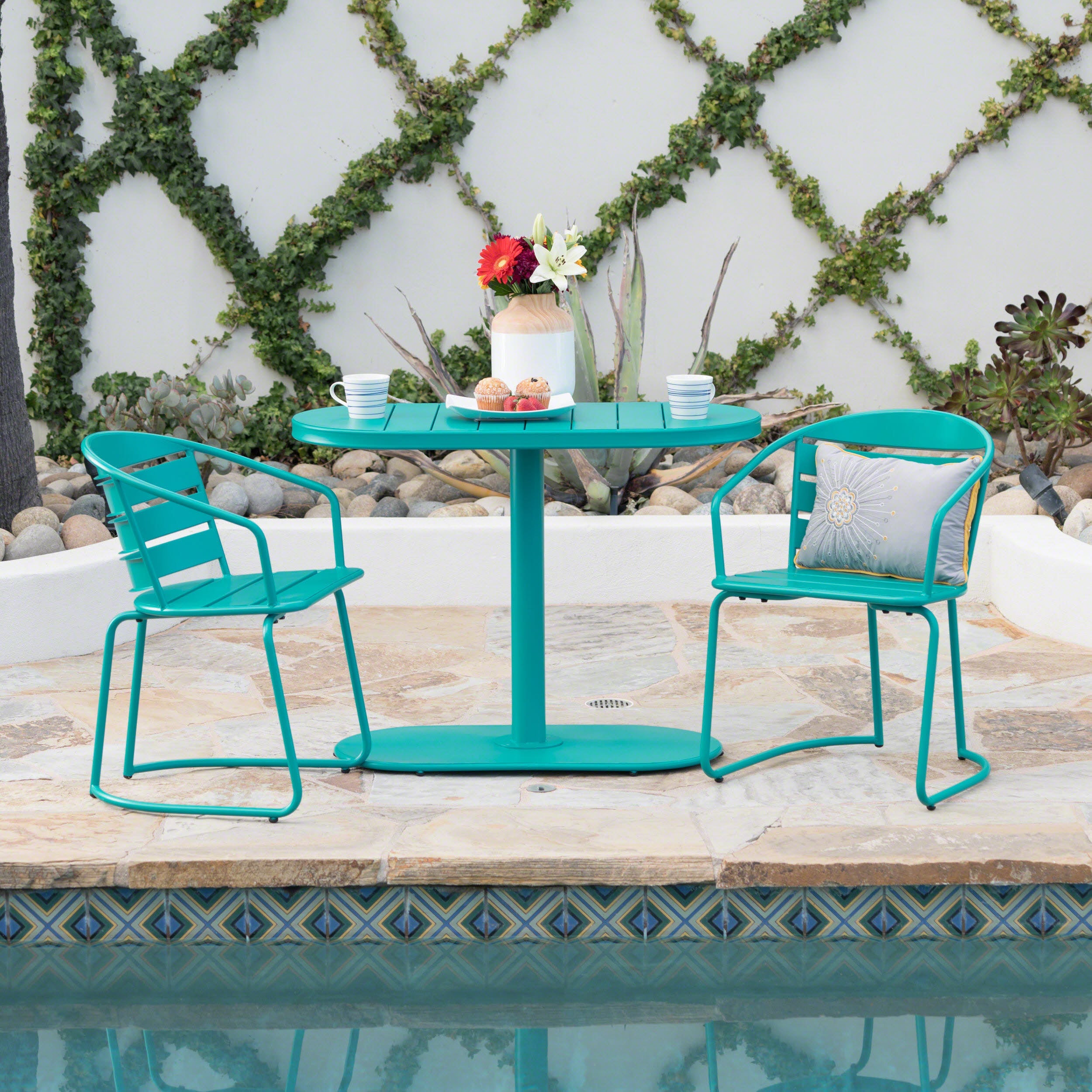 Outdoor Bistro Set Iron Teal 3 Piece Oval Table 2 Chairs Matte Finish