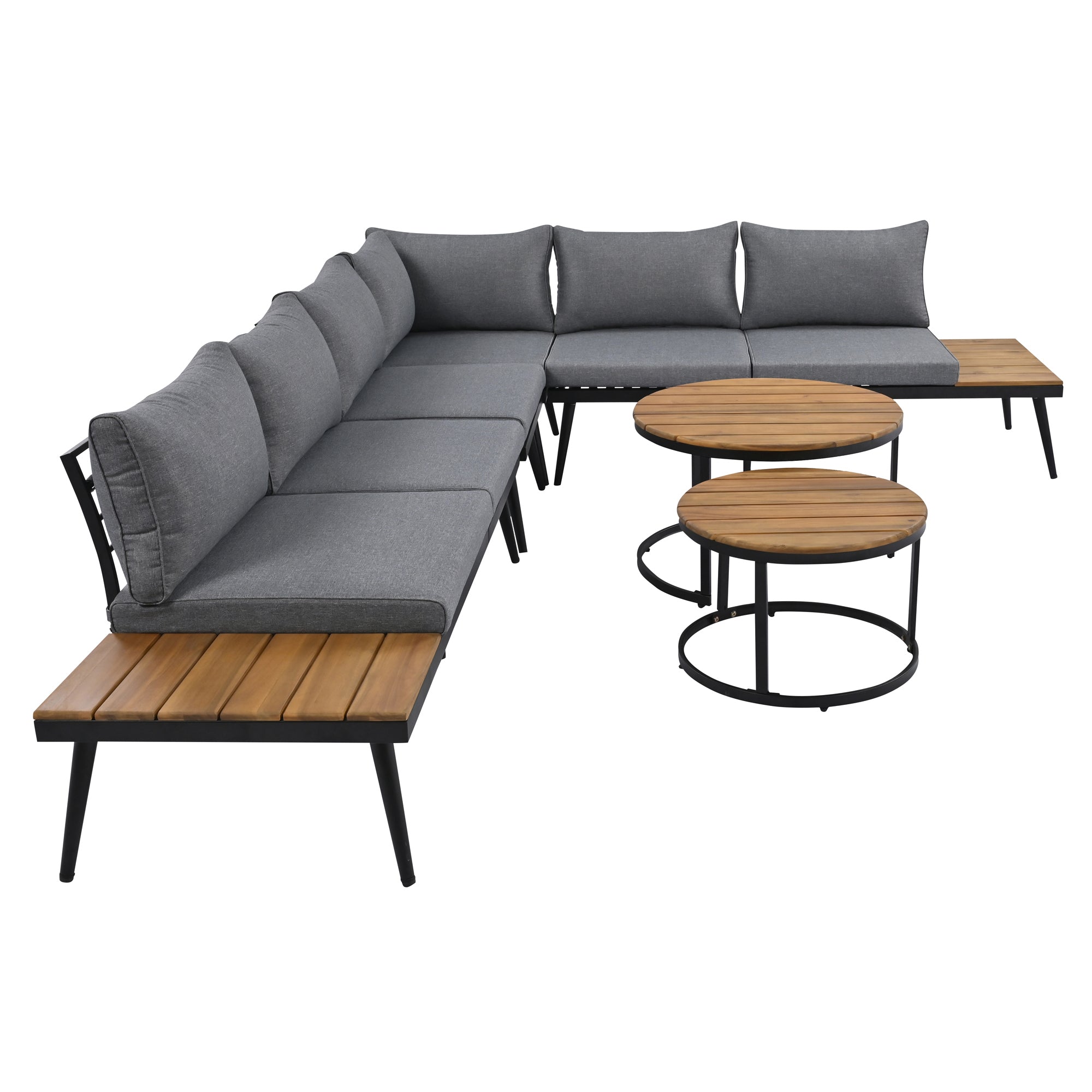 Outdoor Sectional Set Acacia Wood Steel Gray with Nesting Tables