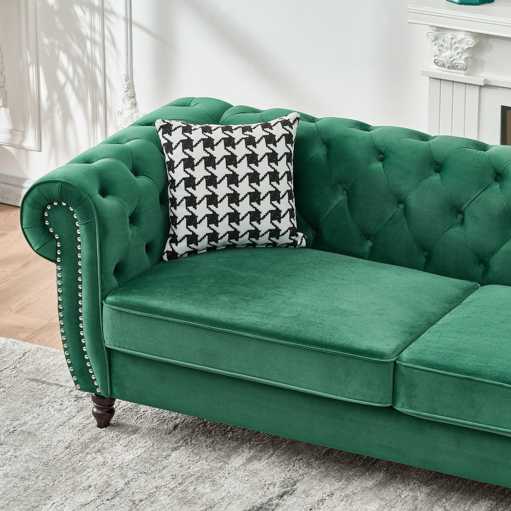 Loveseat Chesterfield Velvet Green Mid-Century Nailhead Rolled Arms 67 In
