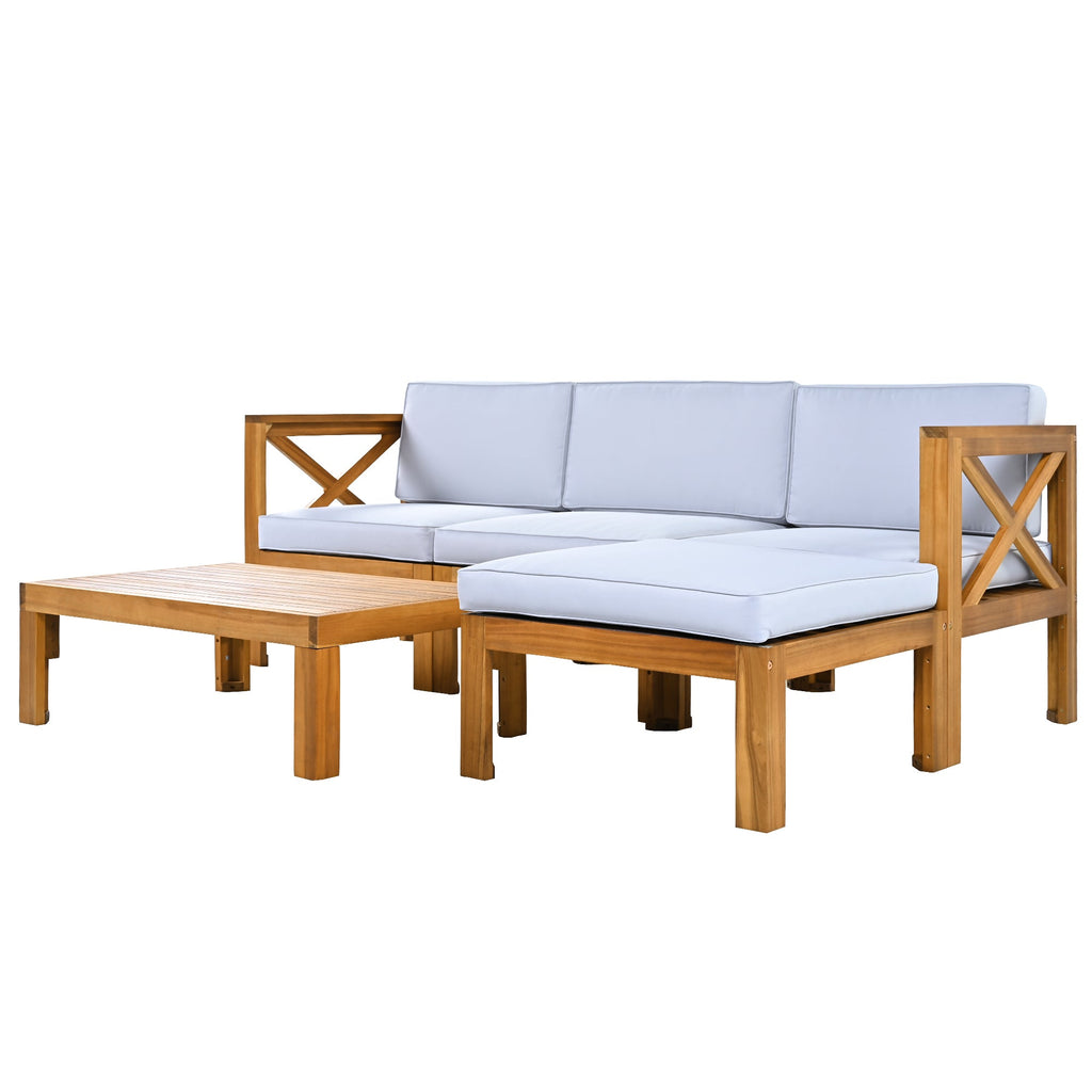 Outdoor Patio Sectional Set Acacia Wood Gray Cushions 5 Piece X-Back