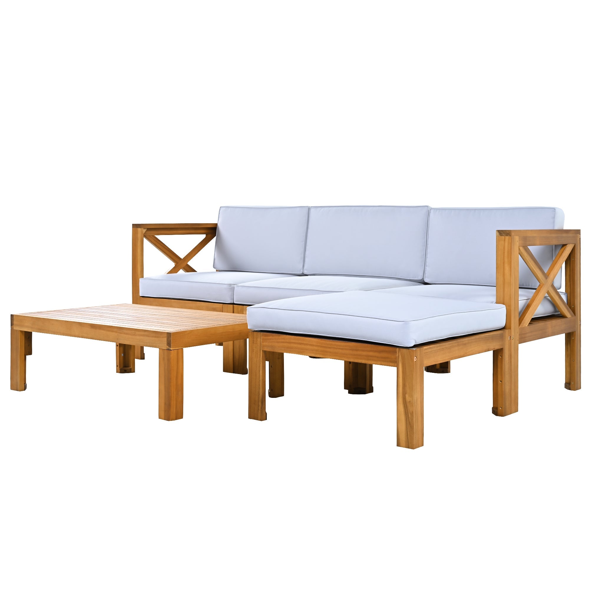 Outdoor Patio Sectional Set Acacia Wood Gray Cushions 5 Piece X-Back