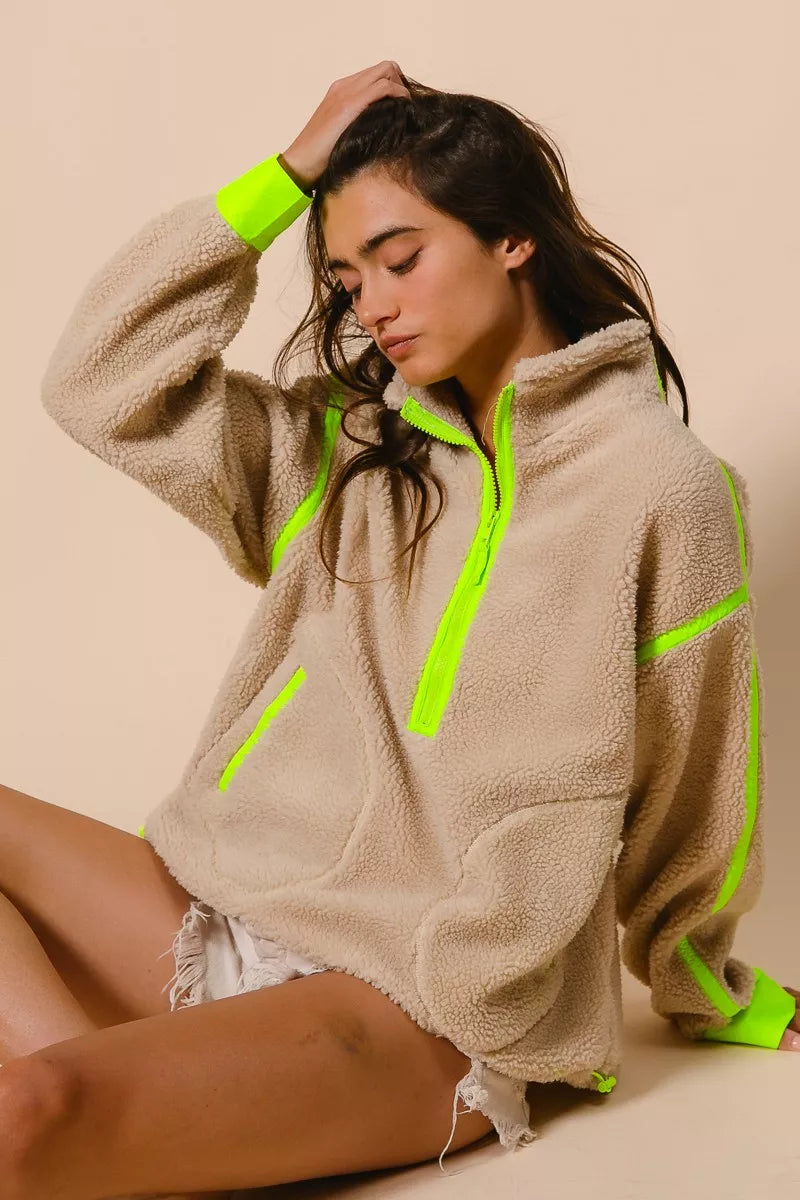 BiBi Contrast Edge Half Zip Up Sherpa Jacket