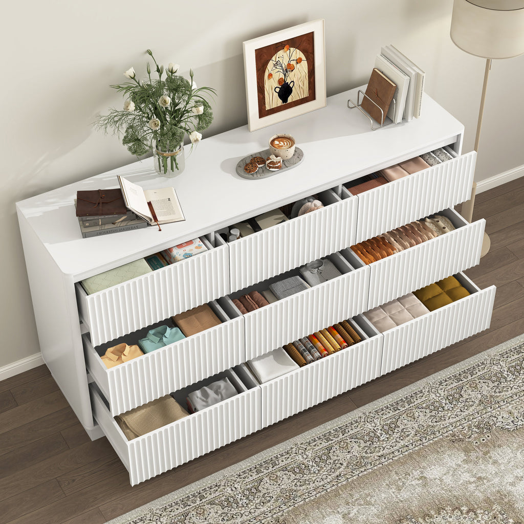Dresser Mid-Century 9-Drawer White Wave No-Handle 59.1x15.7x31.6 In