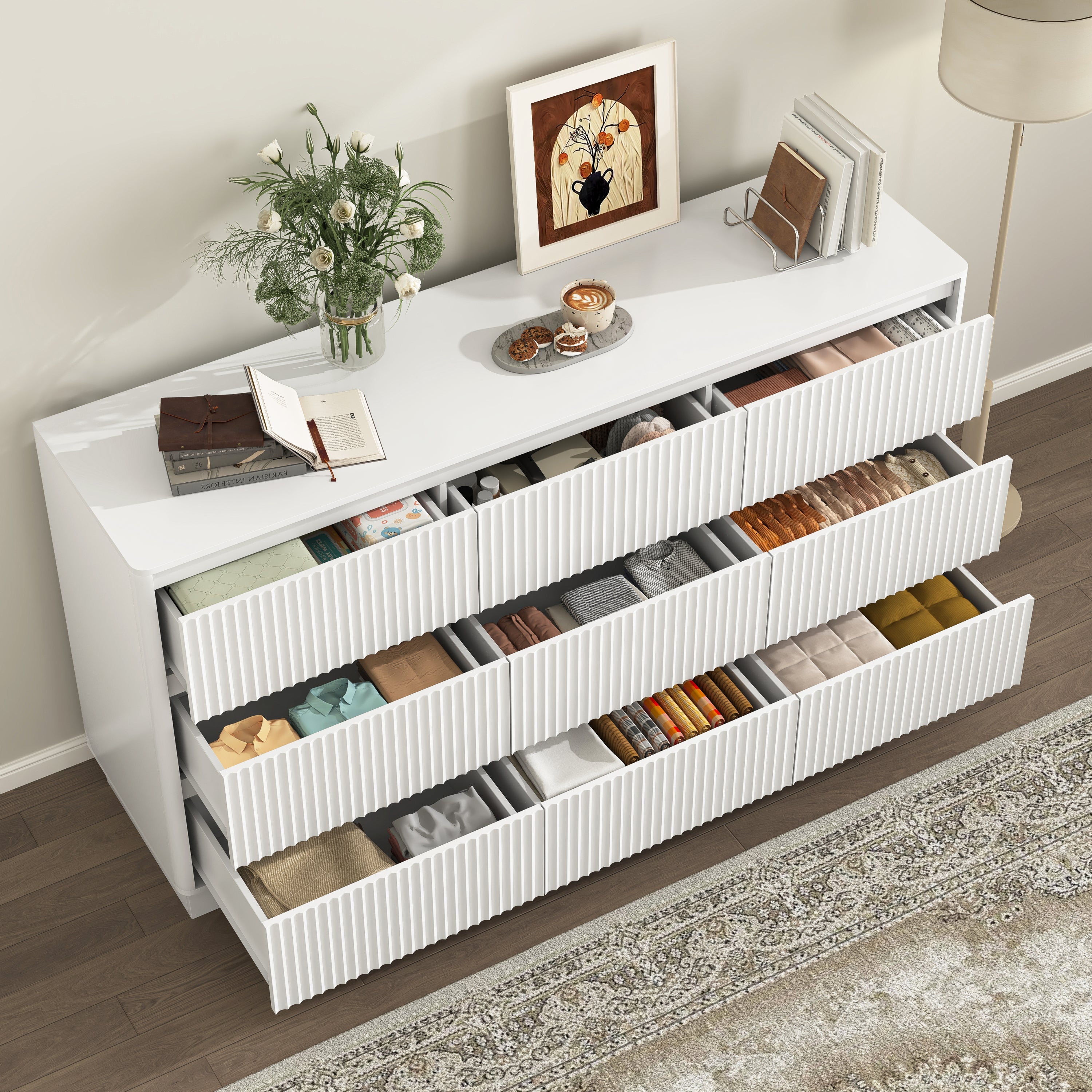 Dresser Mid-Century 9-Drawer White Wave No-Handle 59.1x15.7x31.6 In
