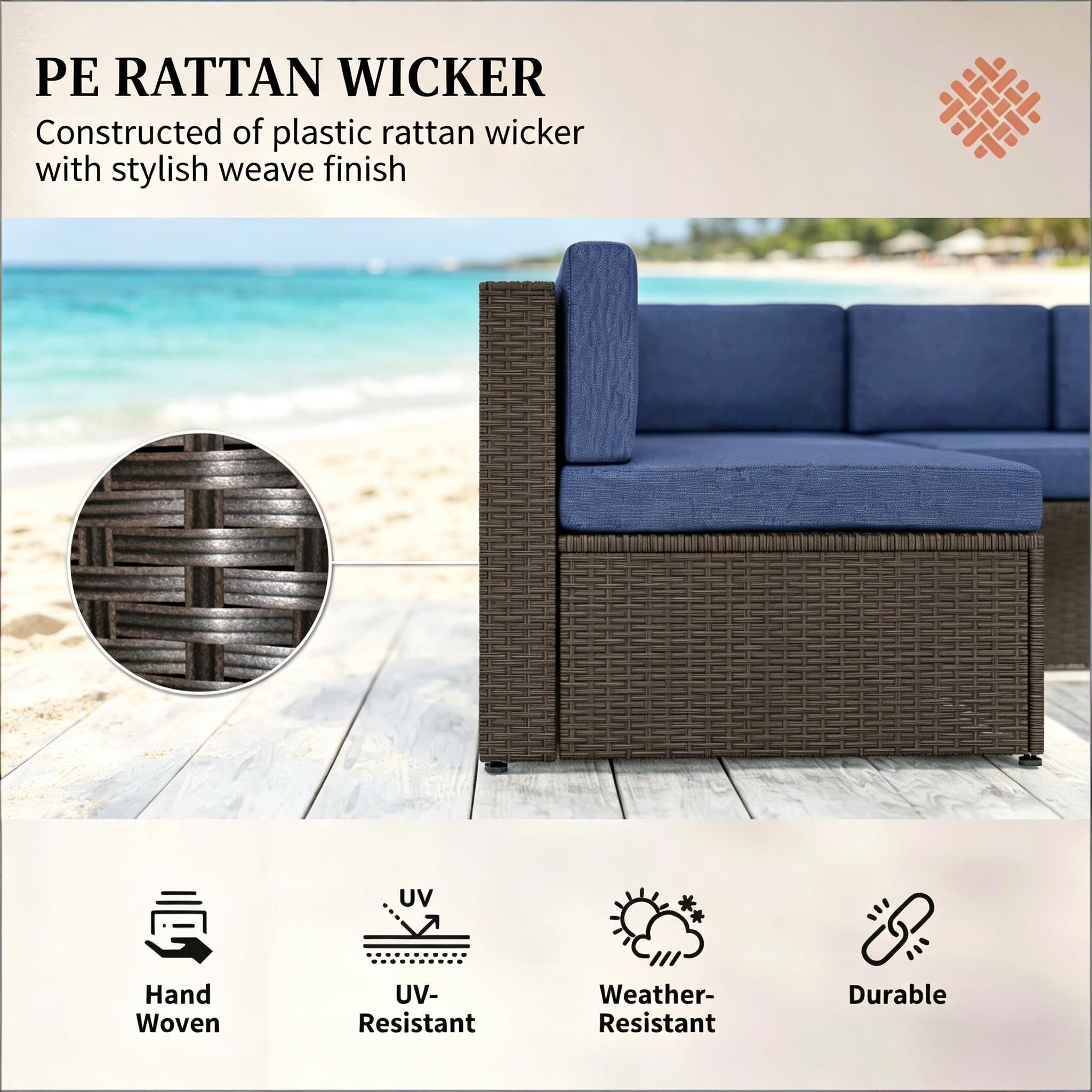 Outdoor Sectional Set PE Rattan Metal Dark Blue Black 7 Piece 264 LB
