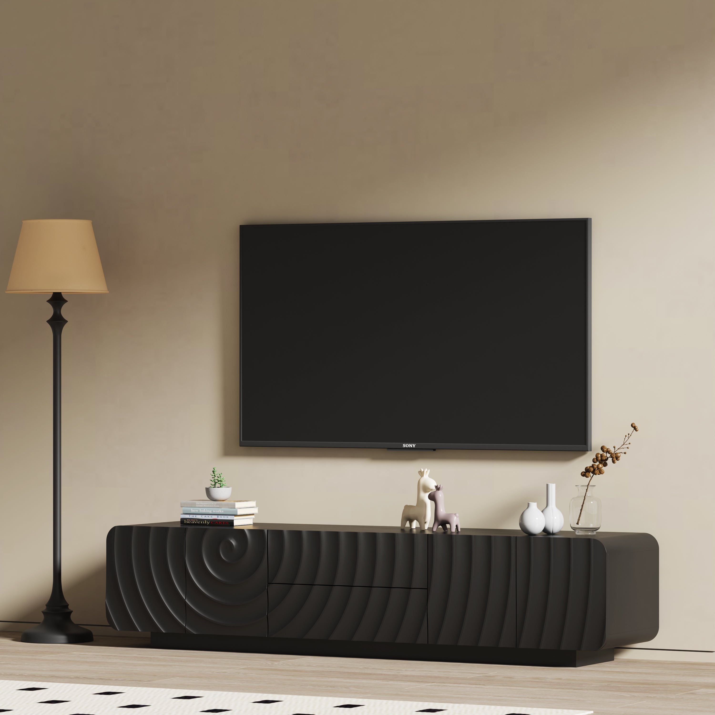 TV Stand Modern Spiral Wave Black MDF Floating Base Fits 85 In TV 70.9 In