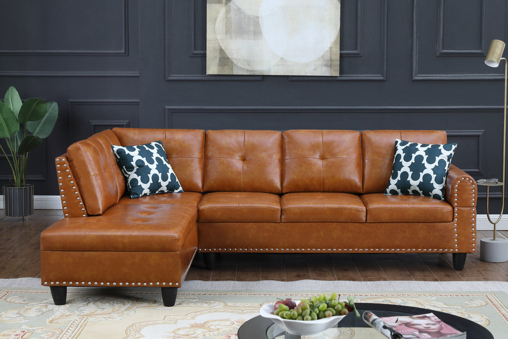 Sectional Sofa L-Shape Faux Leather Ginger 3 Seat Tufted Nailhead