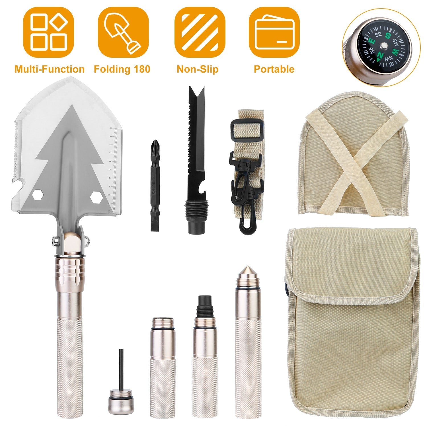 Military Folding Shovel Multifunctional Survival Emergency Spade Tactical Multi Tool For Outdoor Camping Hiking Backpacking w/ Compass
