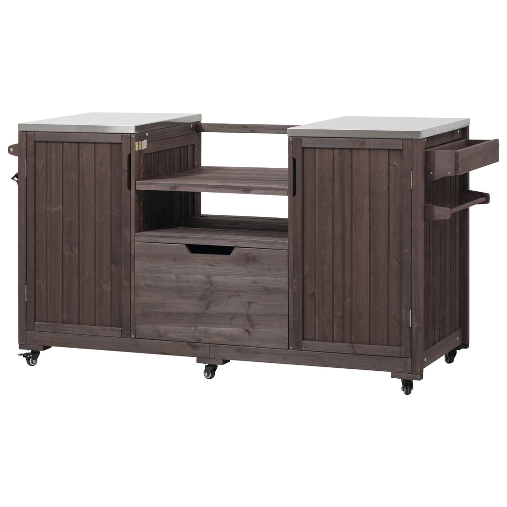 Outdoor Kitchen Island Grill Cart Fir Wood Stainless Steel 66.5
