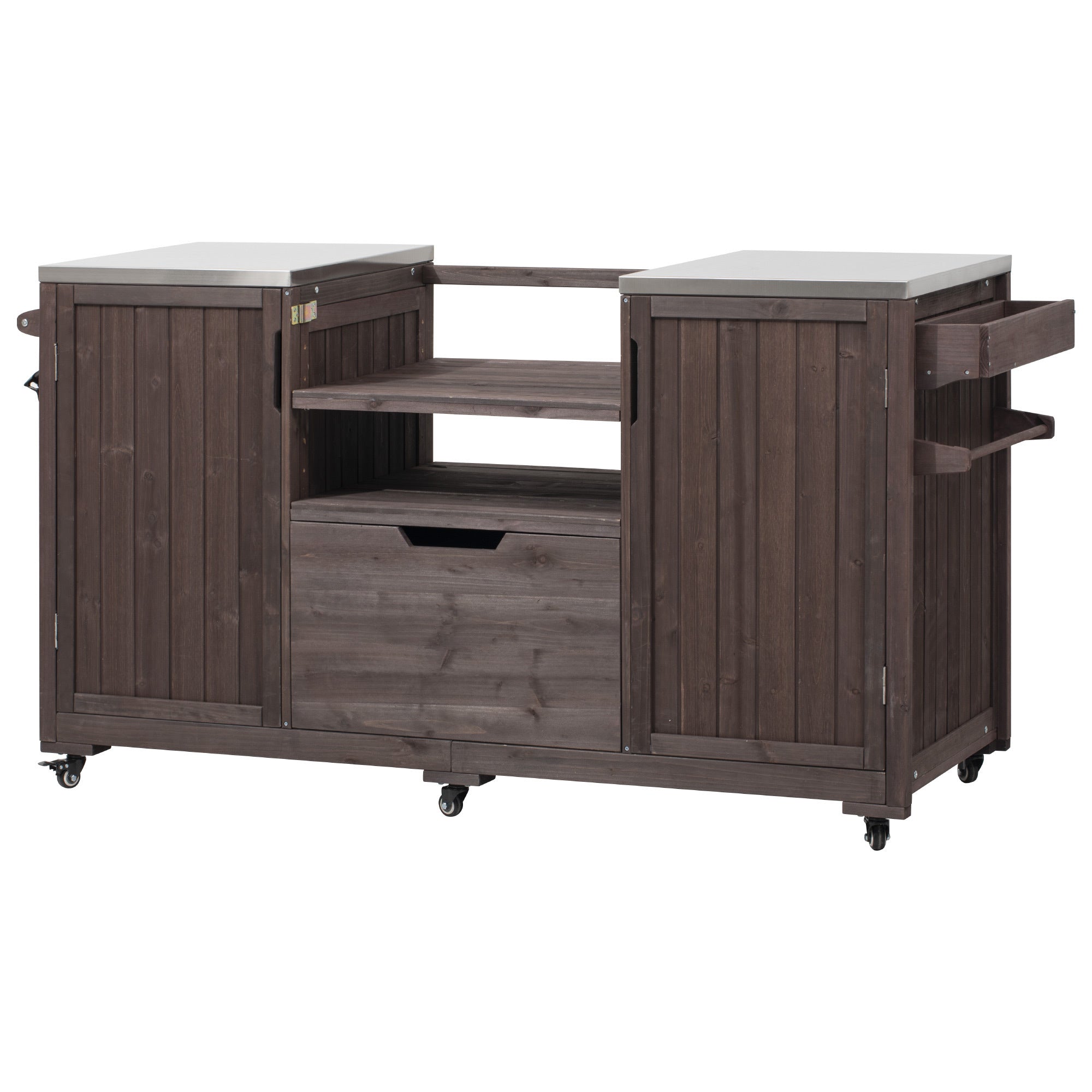 Outdoor Kitchen Island Grill Cart Fir Wood Stainless Steel 66.5