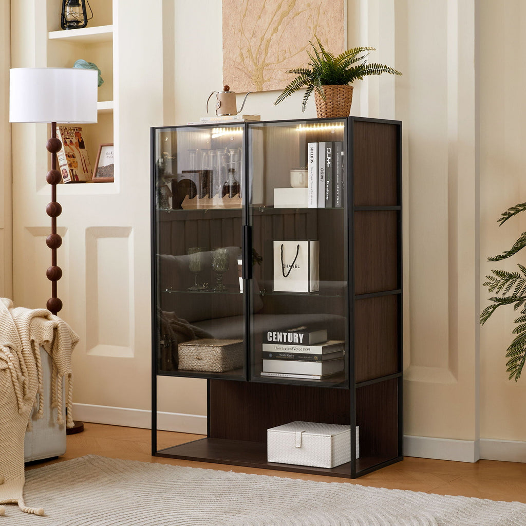 Modern Minimalist Tall Lighted Display Cabinet With Tempered Glass Door - Black / Dark Walnut
