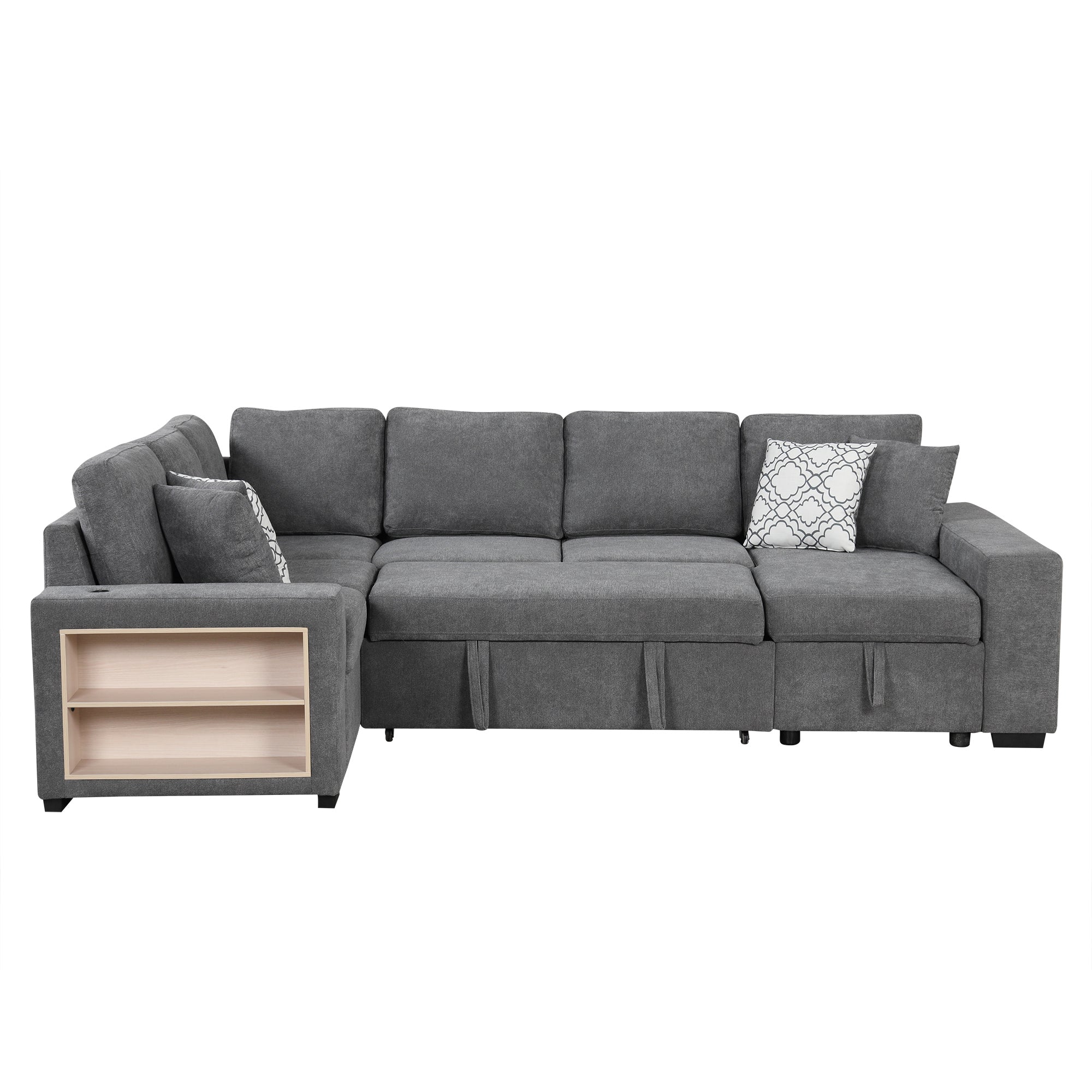 Sectional Sofa U-Shape Chenille Gray 5 Seat USB Ports Pull-Out 109 In