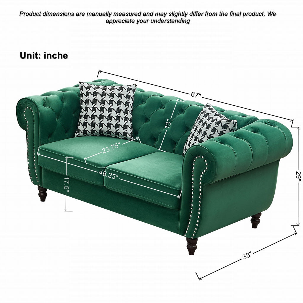 Loveseat Chesterfield Velvet Green Mid-Century Nailhead Rolled Arms 67 In