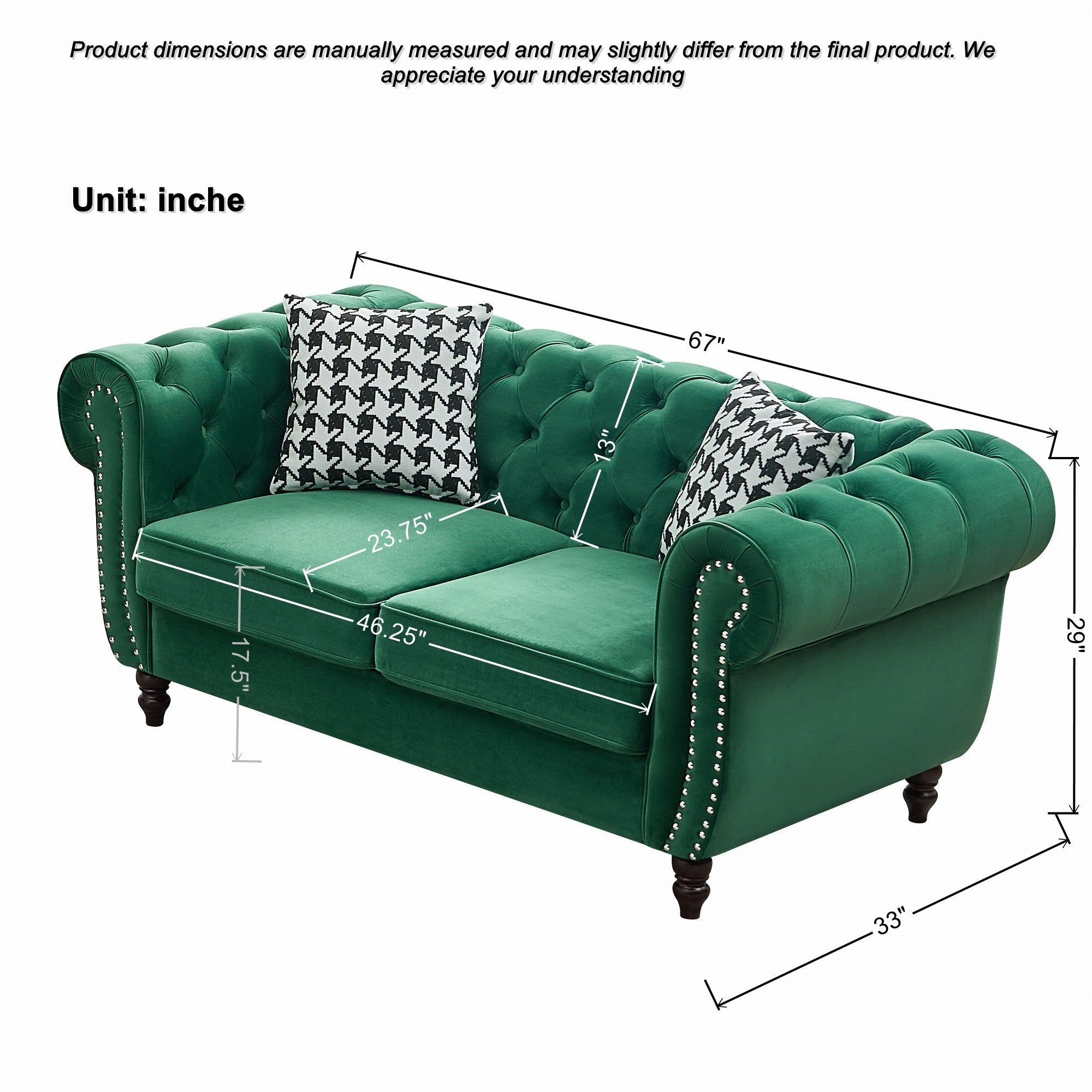 Loveseat Chesterfield Velvet Green Mid-Century Nailhead Rolled Arms 67 In