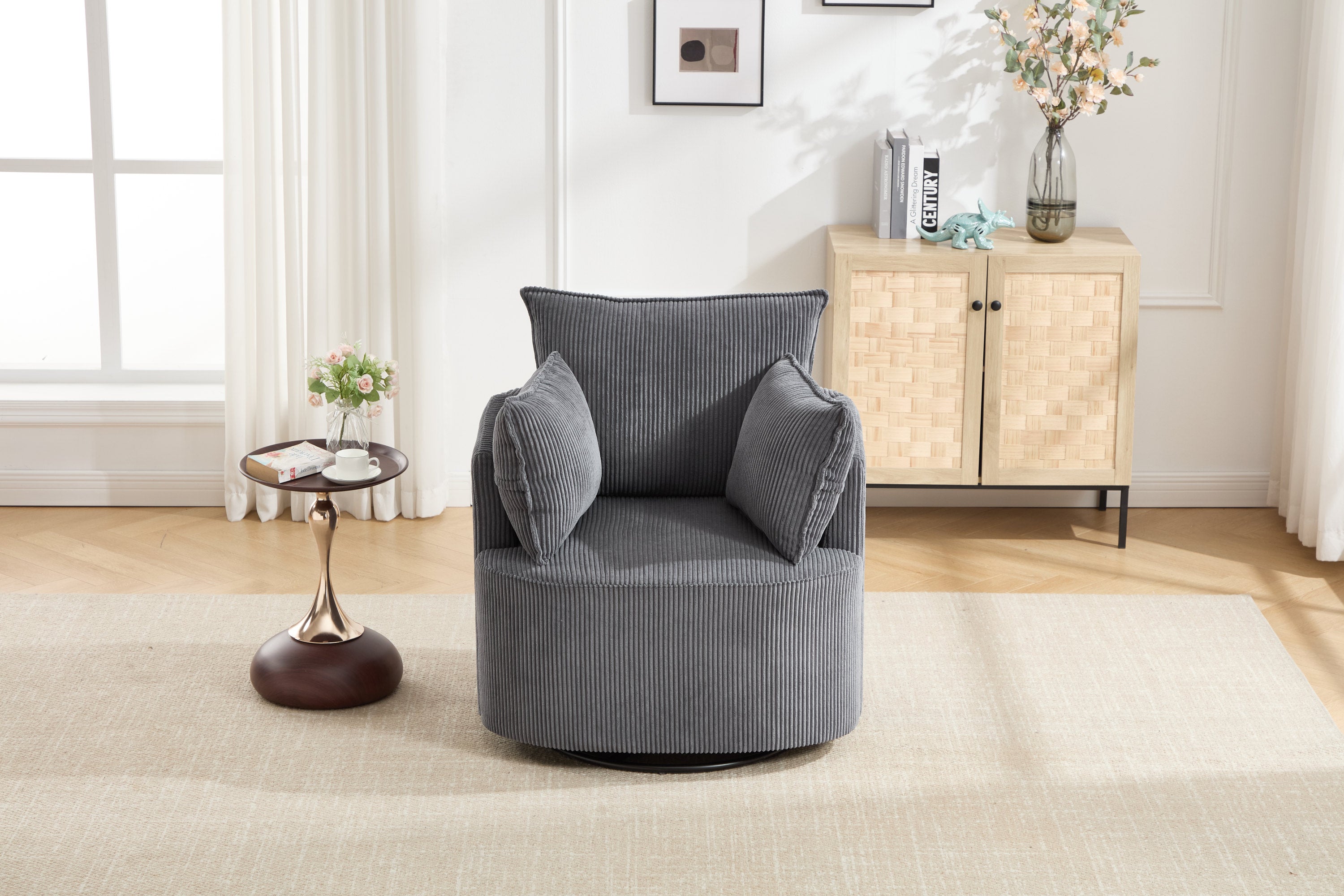 Accent Chair Swivel Round Barrel Corduroy Gray 350 LB 34x32x35 In