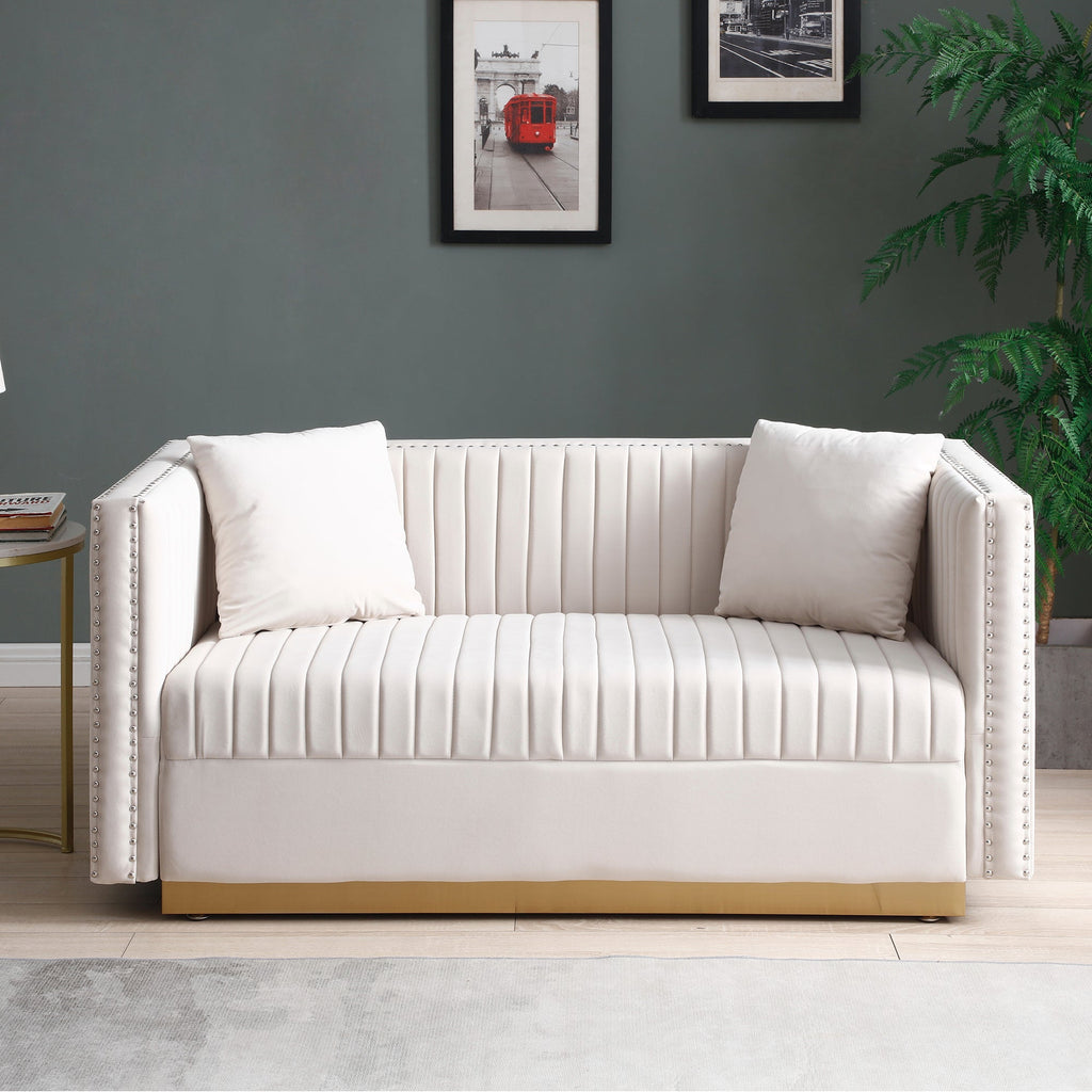 Beige Velvet Channel Tufted Loveseat 61" Gold Base 2-Seat