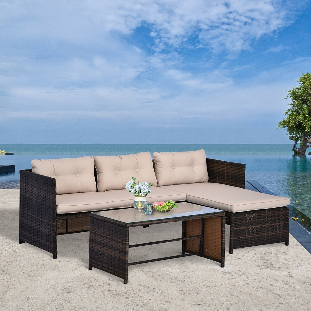 Patio Set PE Rattan Steel Beige 3 Piece L-Shape Loveseat 560 LB