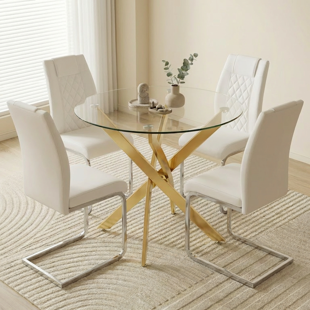 Round Glass Dining Table Set for 4, 35.5' Glass Dining Table with Gold Legs,