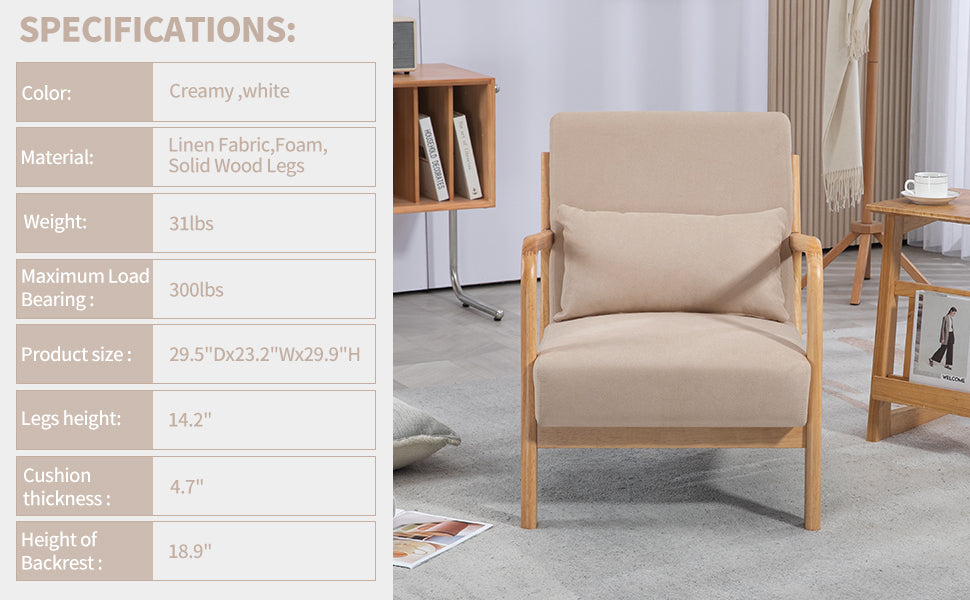 Accent Chair Mid-Century Linen Beige Solid Wood Arms and Legs 23x30x30 In
