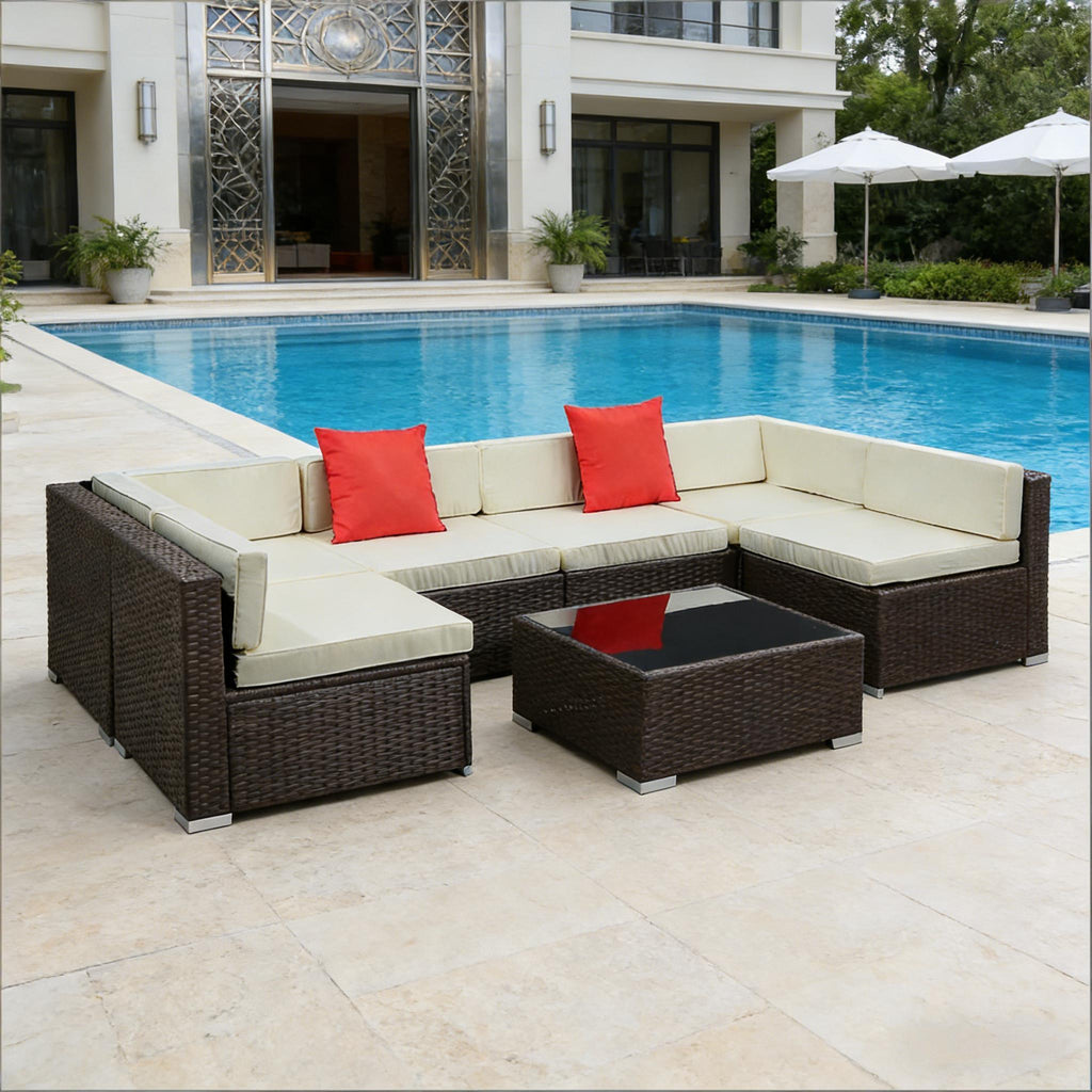 Outdoor Sectional Set PE Rattan Steel Beige Cushion 7 Piece L-Shape Seats 6