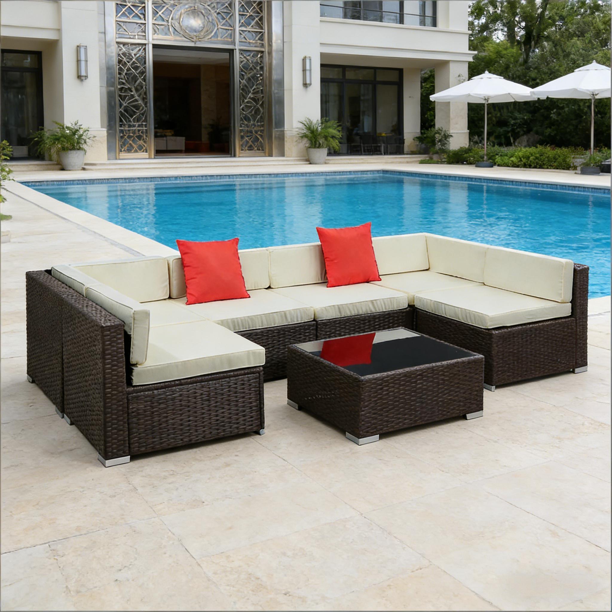 Outdoor Sectional Set PE Rattan Steel Beige Cushion 7 Piece L-Shape Seats 6