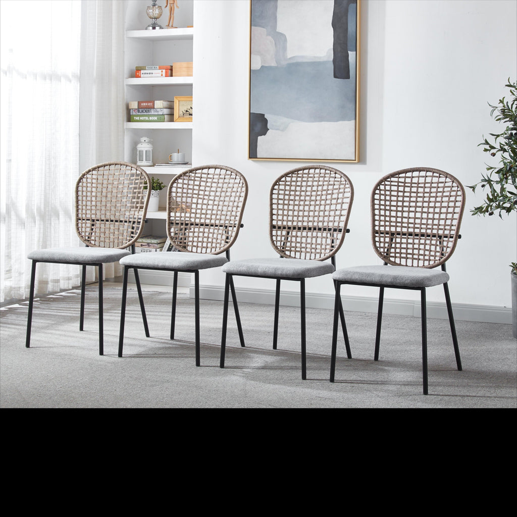 Dining Chair Sennit Style Black Metal Frame Natural Fiber Seat Set of 4