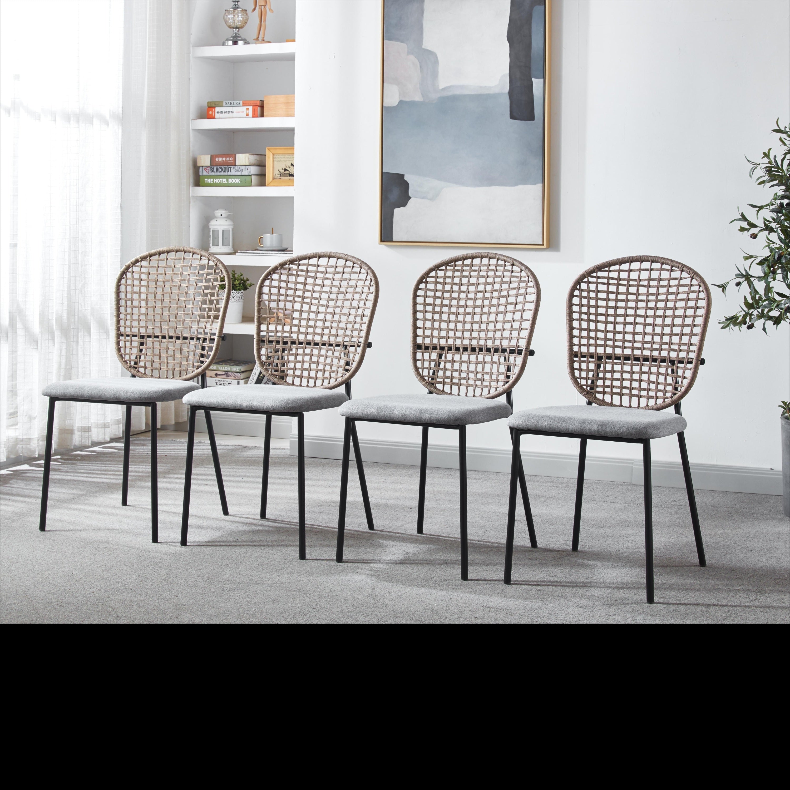 Dining Chair Sennit Style Black Metal Frame Natural Fiber Seat Set of 4