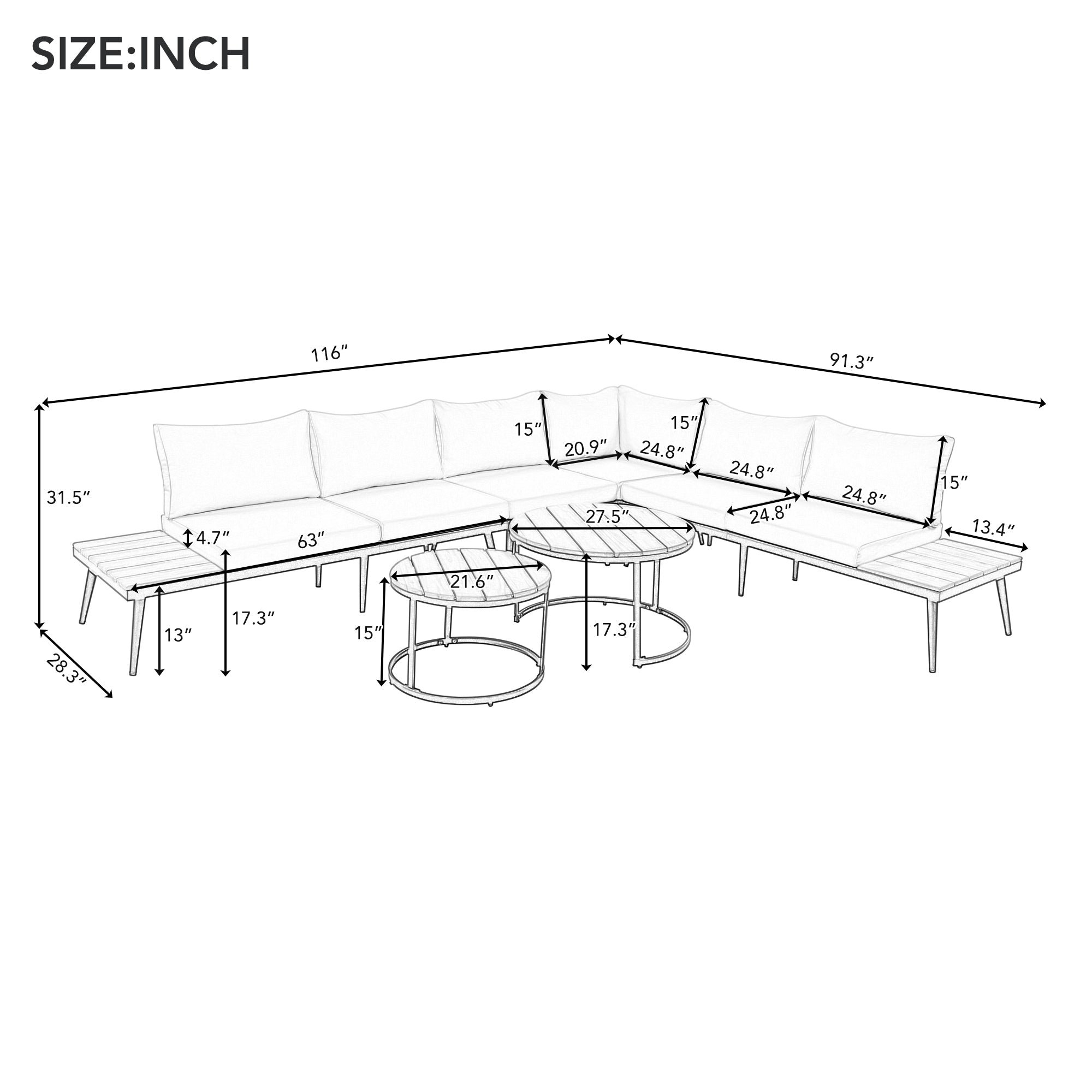 Outdoor Sectional Set Acacia Wood Steel Beige Cushion 6 Piece Seats 5
