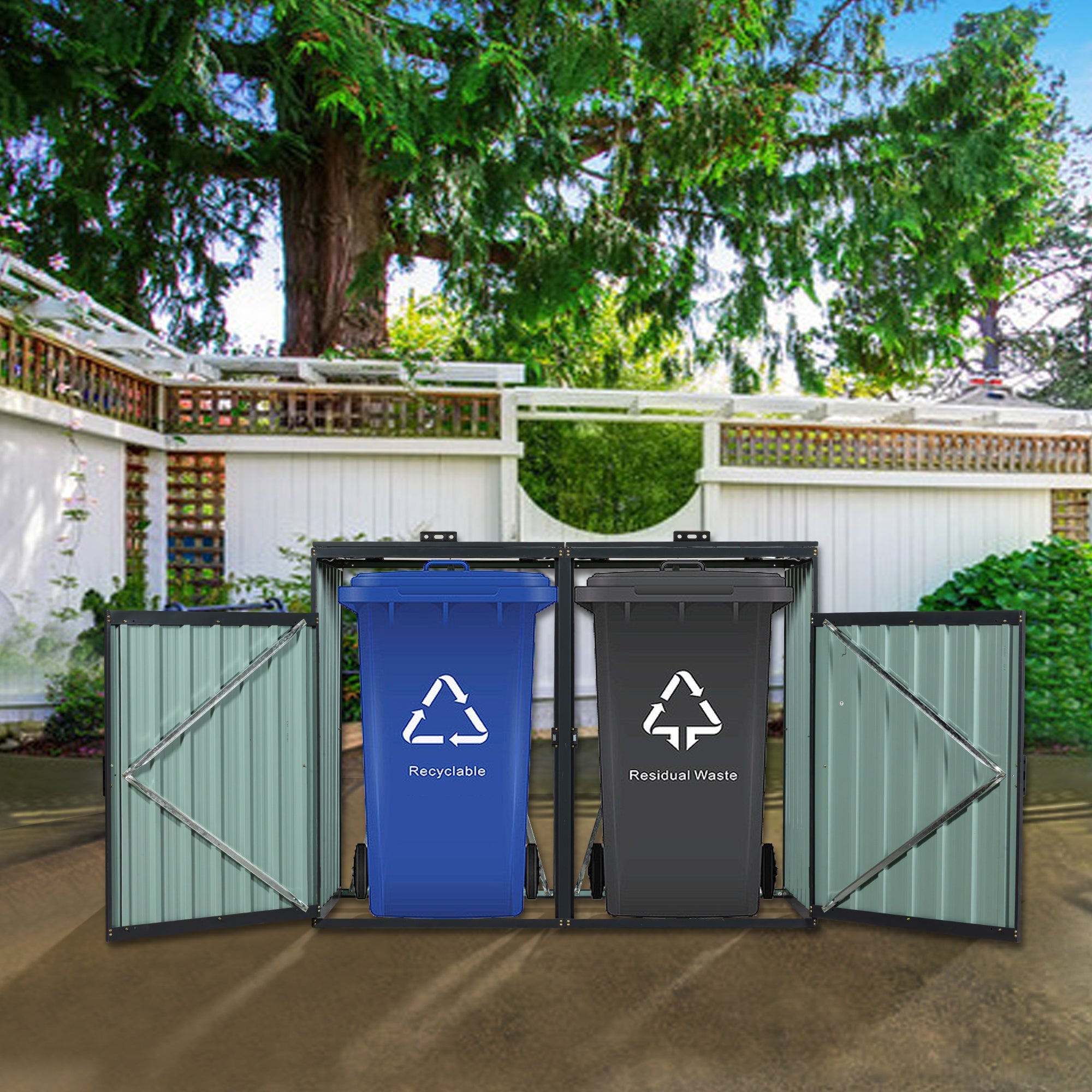 Outdoor Garbage Bin Shed Galvanized Steel Charcoal 2 Cans