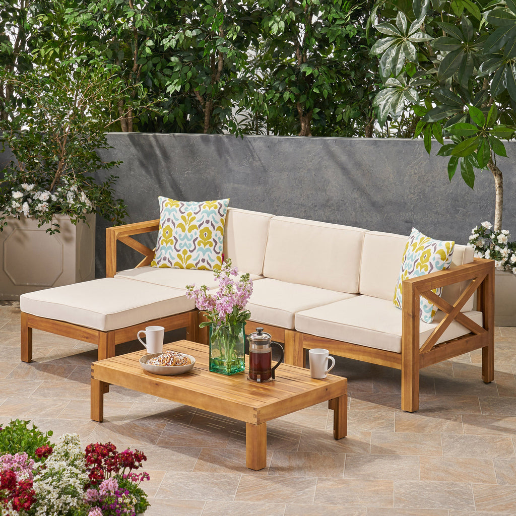 Outdoor Sectional Set Acacia Wood Beige 5 Piece L Shape Seats 4
