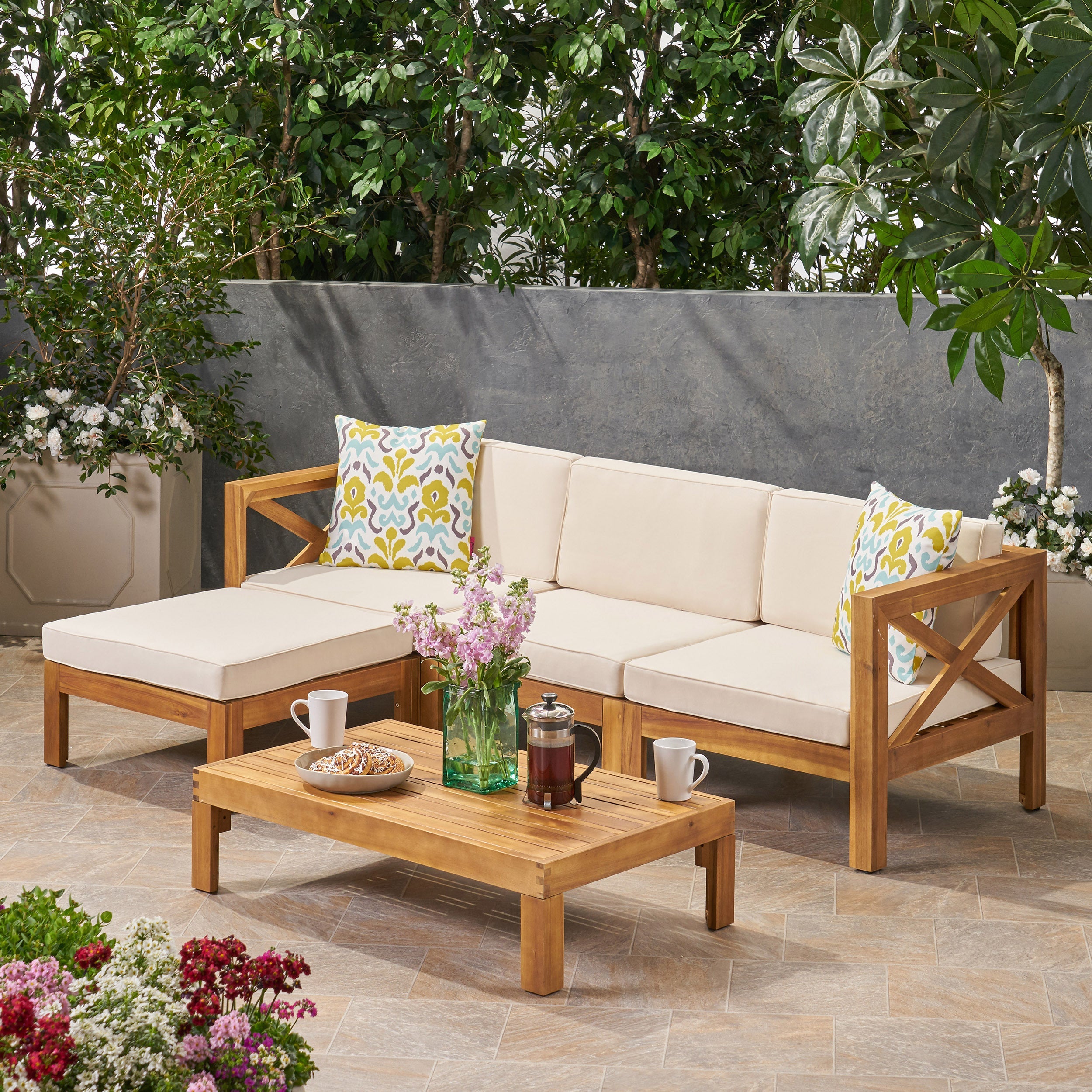 Outdoor Sectional Set Acacia Wood Beige 5 Piece L Shape Seats 4