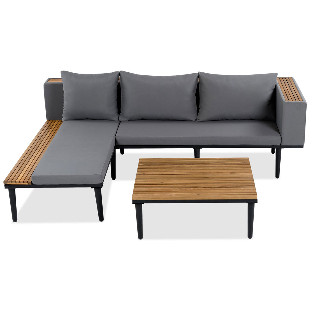 Outdoor Patio Set Acacia Wood Iron Gray L-Shape Seats 6 396 LB