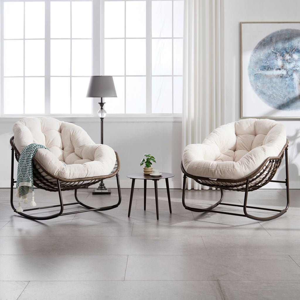 Outdoor Rocking Chair Rattan Steel White Cushion Oversized 250 LB
