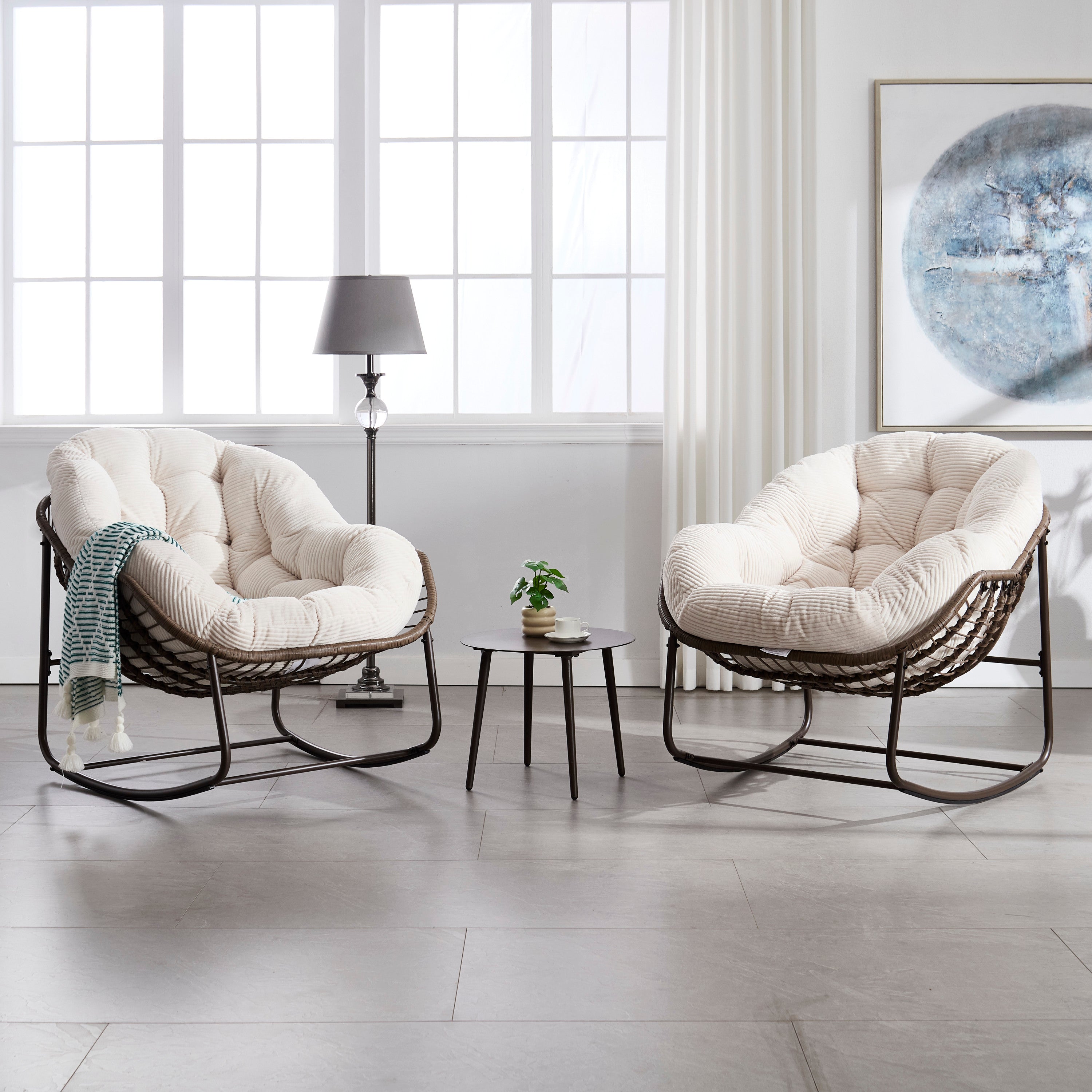 Outdoor Rocking Chair Rattan Steel White Cushion Oversized 250 LB