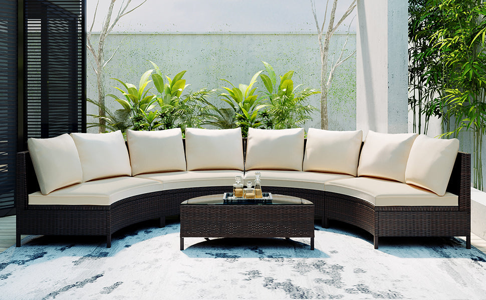Outdoor Patio Set Half Moon PE Rattan Steel Beige 5 Piece Tempered Glass