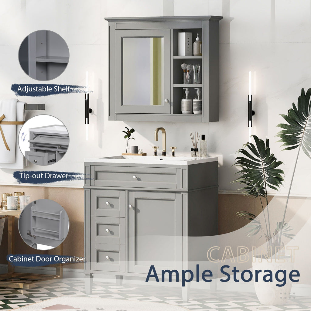 Bathroom Vanity With Medicine Cabinet, Royal Mirror Cabinet, Modern Bathroom Storage Cabinet With 2 Soft Closing Doors And 4 Drawers