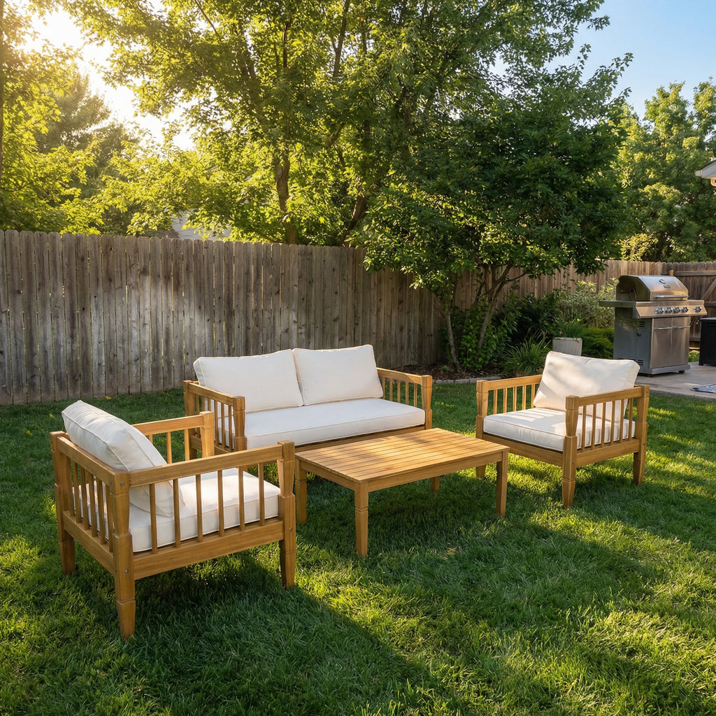 Outdoor Conversation Set Acacia Wood Teak Beige Cushion 4 Piece Seats 4