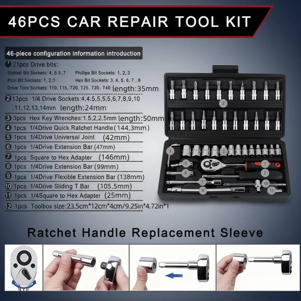 46/53Pcs 1/4 Inch Drive Socket Ratchet Wrench Set, with Bit Socket Set Metric and Extension Bar for Auto Repairing and Household, with Storage Case,Gift for Man,Husband,Springtok Tool Box Hardware